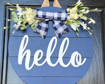 Blue Hello Door Sign, Welcome Door Hanger, Front Door Decor, Wood Front Door Wreath, Everyday Door Sign, Housewarming Gift