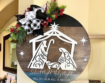 Nativity Door Decor, Nativity Door Hanger, Christmas Door Hanger, Front Door Wreath, Silent Night Sign, Farmhouse Christmas Sign