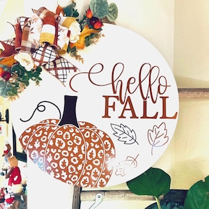 秋の玄関ドアの装飾、Hello Fall ドアサイン、Welcome ドアハンガー、秋の木製ドアリース、秋のドアサイン、カボチャのドア装飾