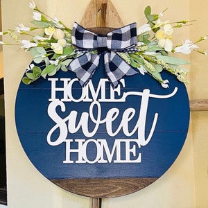 Welcome Front Door Decor, Home Sweet Home Door Sign, Front Door Hanger, Blue Wood Door Wreath, Year Round Door Sign, Housewarming Gift