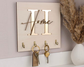 Key rack with 4 hooks with your desired text gold made of wood 20 mm thickness - wall decoration, home decoration