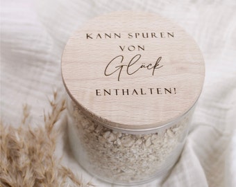 Vorratsglas 880ml mit Holzdeckel - Kann Spuren von Glück enthalten