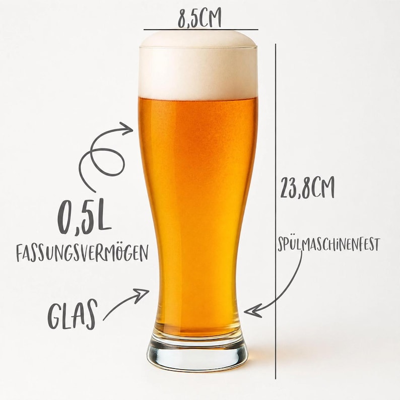 May include: A tall beer glass filled with golden beer and a foamy head. The glass is 23.8 cm tall and 8.5 cm wide, with a capacity of 0.5 liters. The text on the image says "GLAS" and "Sp&uuml;lmaschinenfest".