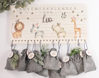 Personalisierter Holz Adventskalender zum Befüllen - mit deinem Wunschnamen u. Motiven weihnachtlich Safari Tiere 24 Zahlen für Kinder