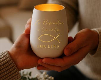 Windlicht Konfirmation personalisiert mit Fisch | Geschenk Konfirmation Kommunion | Windlicht mit Gravur Wunschtext | Geschenk Junge Mädchen