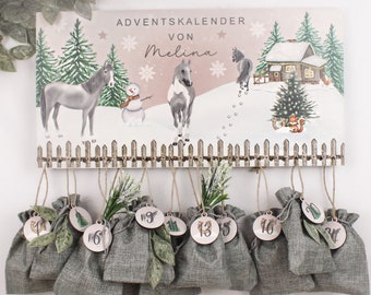 Personalisierter Holz Adventskalender zum Befüllen - mit deinem Wunschnamen u. Motiven weihnachtlich Pferde & 24 Zahlen
