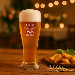 May include: A tall beer glass filled with golden beer and a foamy head. The glass has the words "BESTER Bruder DER WELTI" etched on it. A wooden plate with potato wedges and a wheat stalk are on the table.