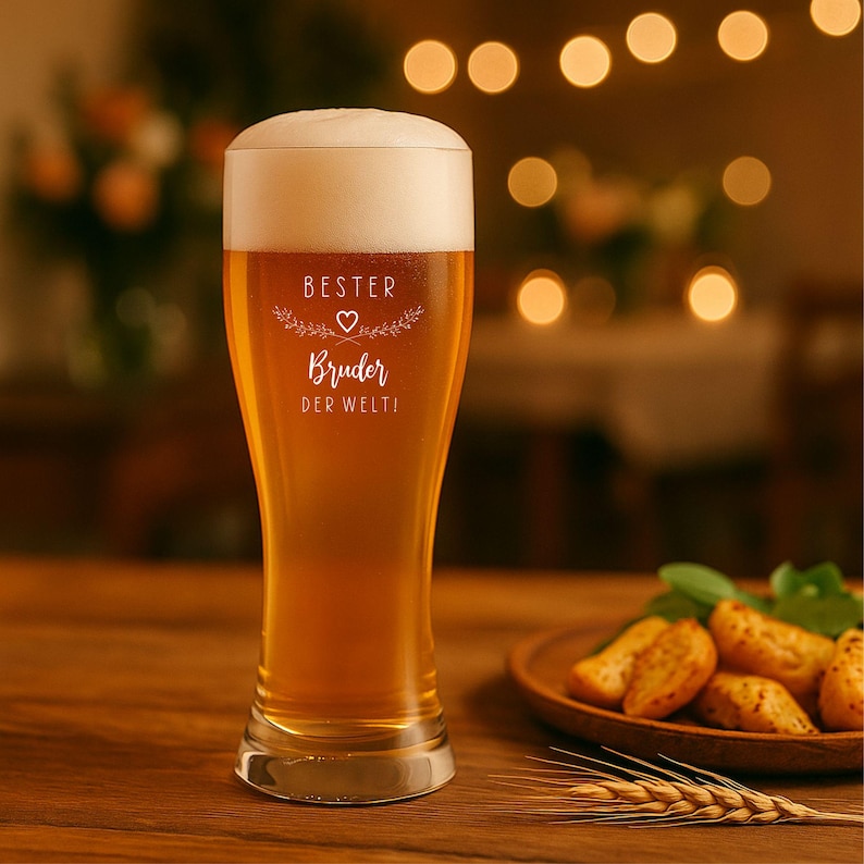 May include: A tall beer glass filled with golden beer and a foamy head. The glass has the words "BESTER Bruder DER WELTI" etched on it. A wooden plate with potato wedges and a wheat stalk are on the table.