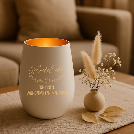 Windlicht weiß/gold - mit Gravur 