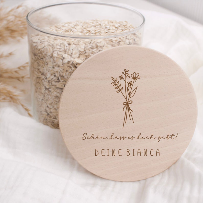 Storage jar with wooden lid 880ml with bouquet of flowers and desired text various sizes image 2