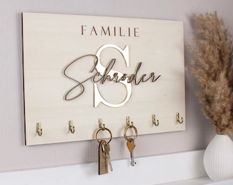 Key rack with 6 hooks with your desired text made of gold wood 8 mm thick - wall decoration, home decoration