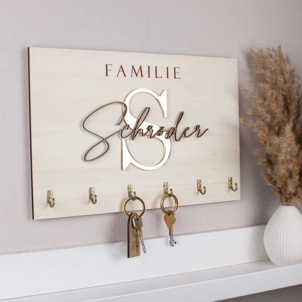 Key rack with 6 hooks with your desired text made of gold wood 8 mm thick - wall decoration, home decoration