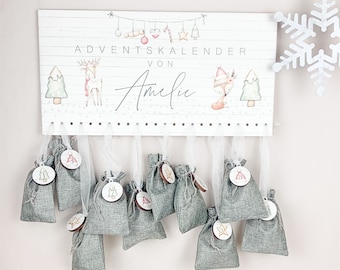 Personalisierter Holz Adventskalender zum Befüllen - mit deinem Wunschnamen u. Motiven weihnachtlich Fuchs/ Reh mit 24 Zahlen für Kinder