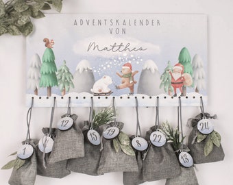 Personalisierter Holz Adventskalender zum Befüllen - mit deinem Wunschnamen u. Motiven weihnachtlich Eisbär Weihnachtslandschaft & 24 Zahlen