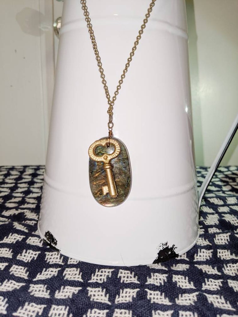 Labradorite and antique key necklace