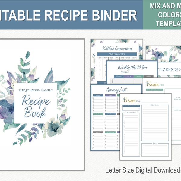 Editable Recipe Binder Kit / Watercolor Floral / Printable Recipe Templates + Cards / DIY Recipe Book / Recipe Dividers + Organization / PDF