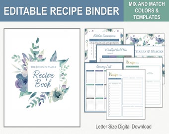 Editable Recipe Binder Kit / Watercolor Floral / Printable Recipe Templates + Cards / DIY Recipe Book / Recipe Dividers + Organization / PDF