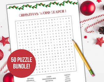 May include: A printable Christmas word search puzzle with 50 words to find. The puzzle is on a white background with a green garland border. The words are related to Christmas, such as "cheer", "gingerbread man", "dancer", "hope", "joyful", and "savoury".