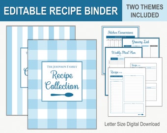 Editable Recipe Binder Kit / Blue / Printable Recipe Templates + Cards / DIY Recipe Book / Recipe Dividers + Organization / PDF