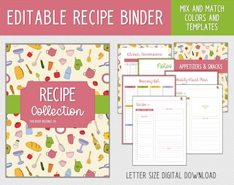 Editable Recipe Binder Kit / Printable Recipe Templates + Recipe Cards / DIY Recipe Book / Recipe Dividers and Organization / PDF Download