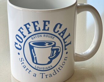 Coffee Call Logo Mug: Blue on White, 12 oz Cafe Mug