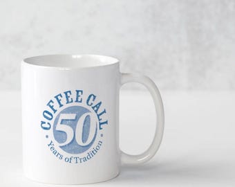 Coffee Call 50th Anniversary Mug: Blue on White, 12 oz Cafe Mug