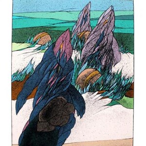 May include: Abstract landscape art print depicting stylized rock formations in shades of blue, purple, and brown. The artwork includes green and blue foliage, with a light blue sky and a sandy foreground. The overall style is reminiscent of a vintage illustration.