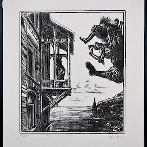 May include: Black and white woodcut print depicting a building with a balcony and three figures perched on a rooftop. The figures are silhouetted against a cloudy sky and a body of water.