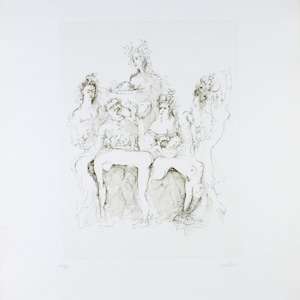 May include: A black and white line drawing of five figures, possibly women, with flowing hair and clothing. The figures are arranged in a group, with some sitting and others standing. The drawing is done in a delicate and expressive style.