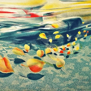 May include: An abstract painting with a blue, green and yellow colour scheme. The painting depicts a scene of falling leaves in a stream of water. The leaves are yellow, orange and red.