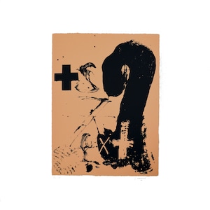 May include: Abstract black and white print on a light brown background. The print features a large black shape resembling a question mark and a black cross.