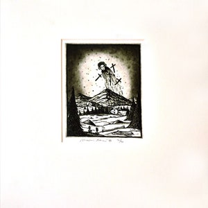 May include: A black and white print depicting a landscape with a figure in the sky. The figure is surrounded by crosses and appears to be falling. The landscape features mountains, trees, and a river. The print is signed "Naomi Rae" and dated "99".