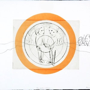 May include: A black and white illustration of two figures standing inside a circle with an orange ring around it. The figures are holding hands and are surrounded by a pattern of concentric circles. The image is set against a white background with a few trees drawn in the background.