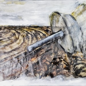 May include: An abstract painting in shades of grey and white depicting a metal object with a handle, resting on a textured surface of brown and black.