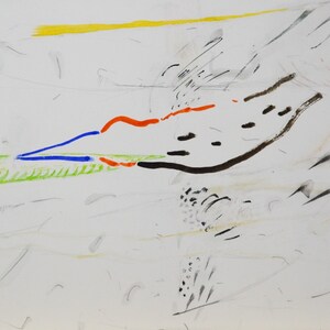 May include: Abstract art painting with a green, blue, orange, and black design on a white background.