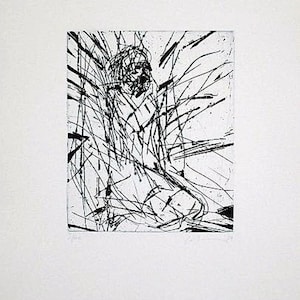 May include: Abstract black and white artwork depicting a seated figure. The figure is rendered with bold, black lines and splatters on a white background. The artwork has a modern, expressive style.