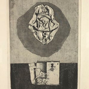 May include: A black and white etching of a surrealist image. The top half of the image features a skeletal, anatomical structure with a circular background. The bottom half of the image features a geometric, abstract shape with a keyhole. The text "Comprimate" and "Maurits Escher" are visible at the bottom of the image.
