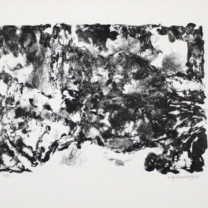 May include: Black and white abstract print with a textured, layered look. The print has a dark, stormy feel.