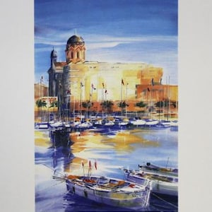 May include: A watercolour painting depicting a harbour scene with boats moored in front of a building with a dome. The sky is blue and the water is a light blue with reflections of the boats and the building. The painting is signed "Ella Fort" in the bottom right corner.