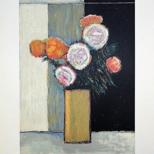 May include: A still life painting depicting a bouquet of pink and orange flowers arranged in a brown vase against a black and white background.