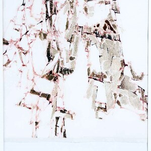 May include: Abstract art print with a white background and brown and pink brushstrokes. The brushstrokes are layered and create a sense of depth and texture.