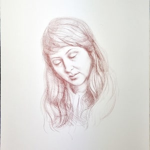 May include: A red pencil drawing of a woman with her eyes closed, looking down. The drawing is on a white background and is signed in the bottom right corner.