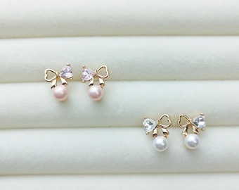 Bow with Pearl Earrings, Hypoallergenic, Plastic Earrings, Suitable for Sensitive Ears