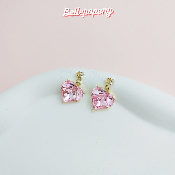 Glass Pink Hearts Earrings, Hypoallergenic Earrings, Plastic Earrings, Earrings for Sensitive Ears, Stud Earrings, Drop Earrings