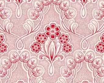 Red and White Floral Quilting Fabric, Cat Centric Cotton by Gray Sky Studio (by the Half Metre)