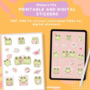 May include: Digital stickers featuring cute green frog illustrations holding hearts, flowers, and balloons. The stickers are displayed on a white sheet of paper and a tablet screen. Text on the image reads "Momo's life PRINTABLE AND DIGITAL STICKERS".