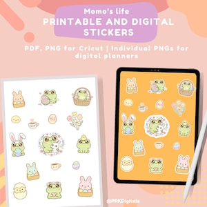 May include: Digital stickers with adorable frog and bunny illustrations, eggs, and flowers. Available in PDF and PNG formats for Cricut and digital planners. The image includes the text "Momo's life PRINTABLE AND DIGITAL STICKERS".