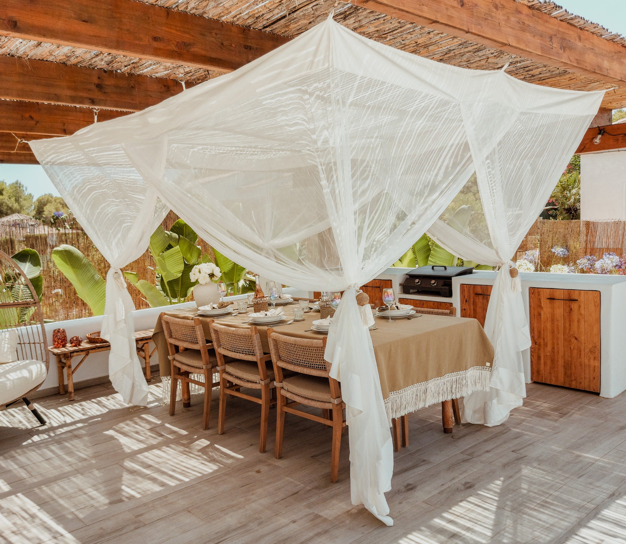 Outdoor Boho Canopy for Al Fresco Dining, Mosquito Net for Garden and Patio  Furniture, Garden Decor, Deck or Pergola Canopy Curtains 