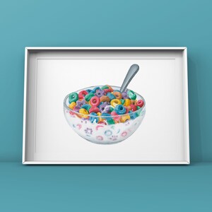 May include: A white bowl filled with colorful cereal and milk. A silver spoon is in the bowl. The cereal is a mix of rings, stars, and other shapes.