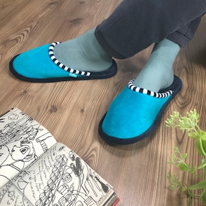 Blue Indoor Slippers for Men, Warm House Slippers for Husband birthday, Winter Home Shoes for Son.